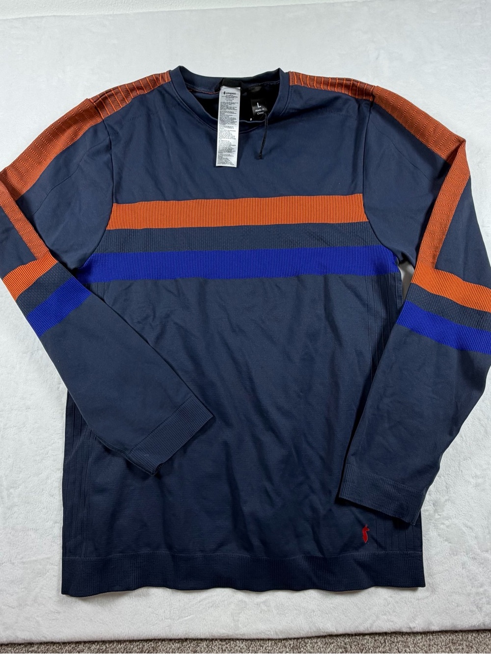 cotopaxi Navy Long-Sleeve Crewneck with Orange & Blue Stripes